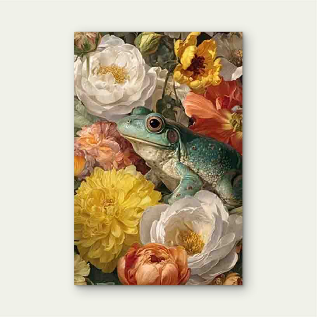 Vibrant Frog Among Flowers 60x90cm Metal Print Ready to Hang