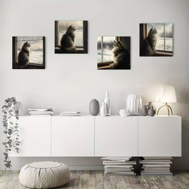 4pcs Cute Maine Coon Cat Wall Art Canvas Framed