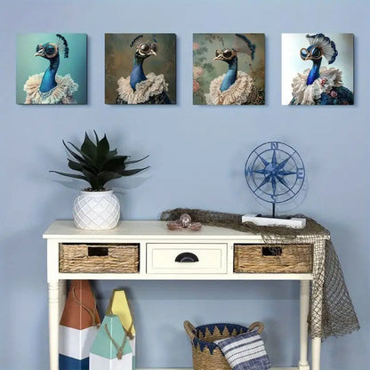 4pcs Lace & Feathered Peacock Wall Art Canvas Framed