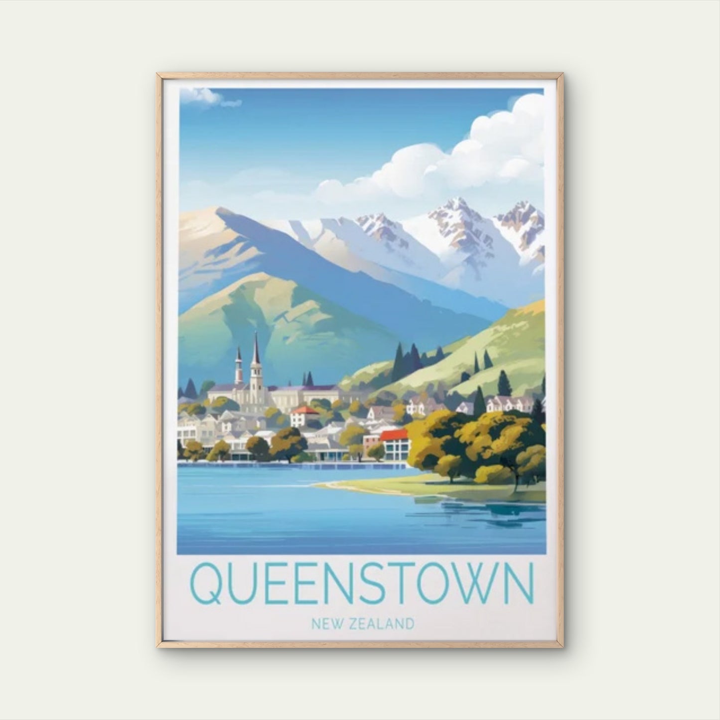 Queenstown New Zealand, Costal View Art Travel Poster Print Wall Art