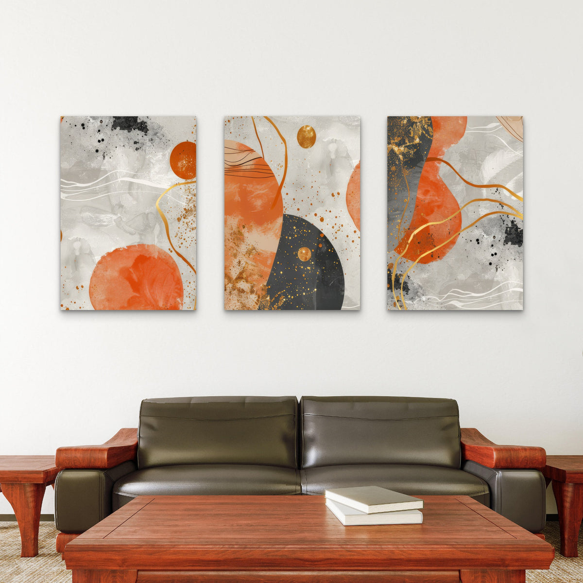 3pcs Terracotta Gold Gray Abstract Painting Wall Art Set Canvas Framed 40x60cm - High Quality Print 100% Australian Made Wall Canvas Ready to Hang