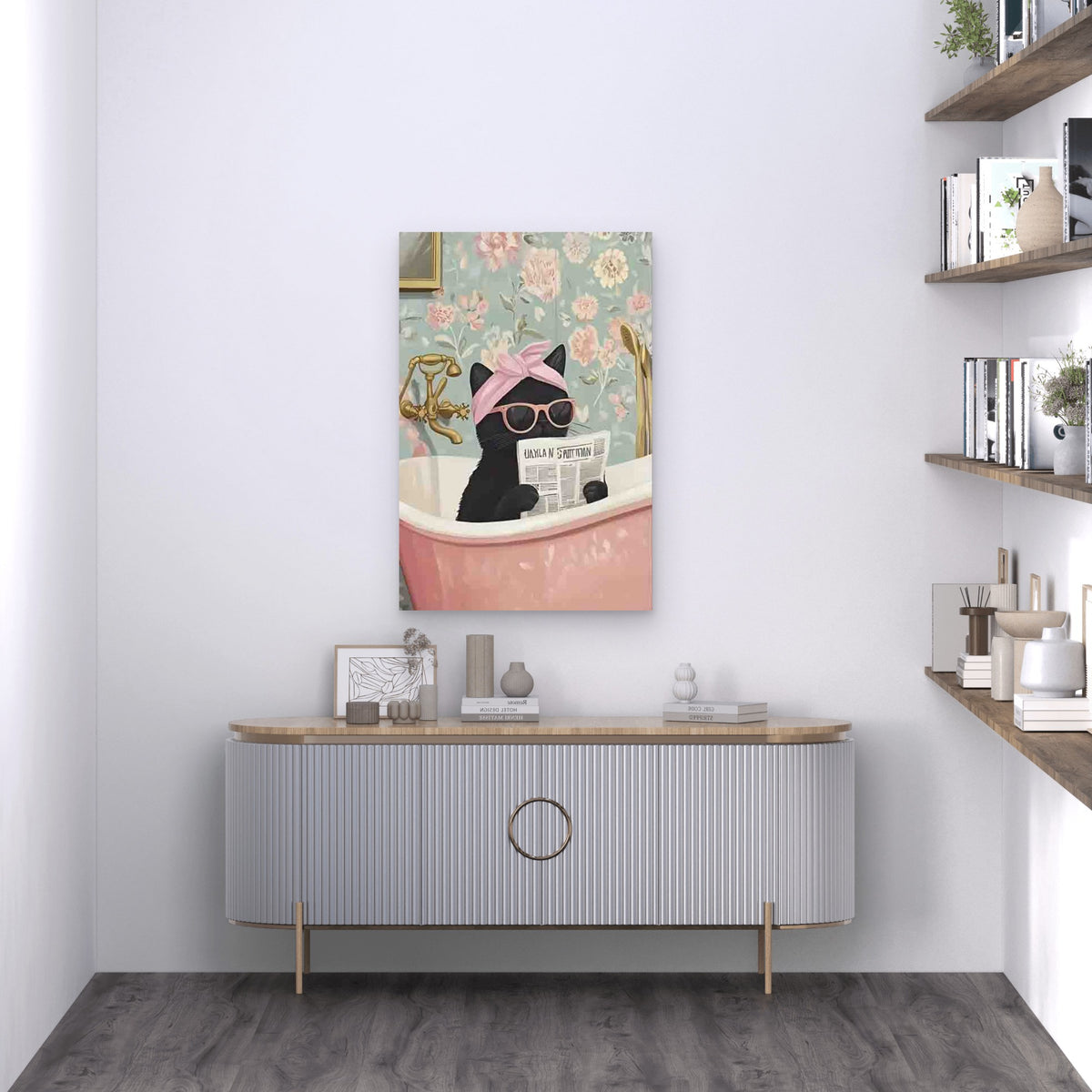 Cat In a Floral Bathroom 60x90cm Metal Print Ready to Hang