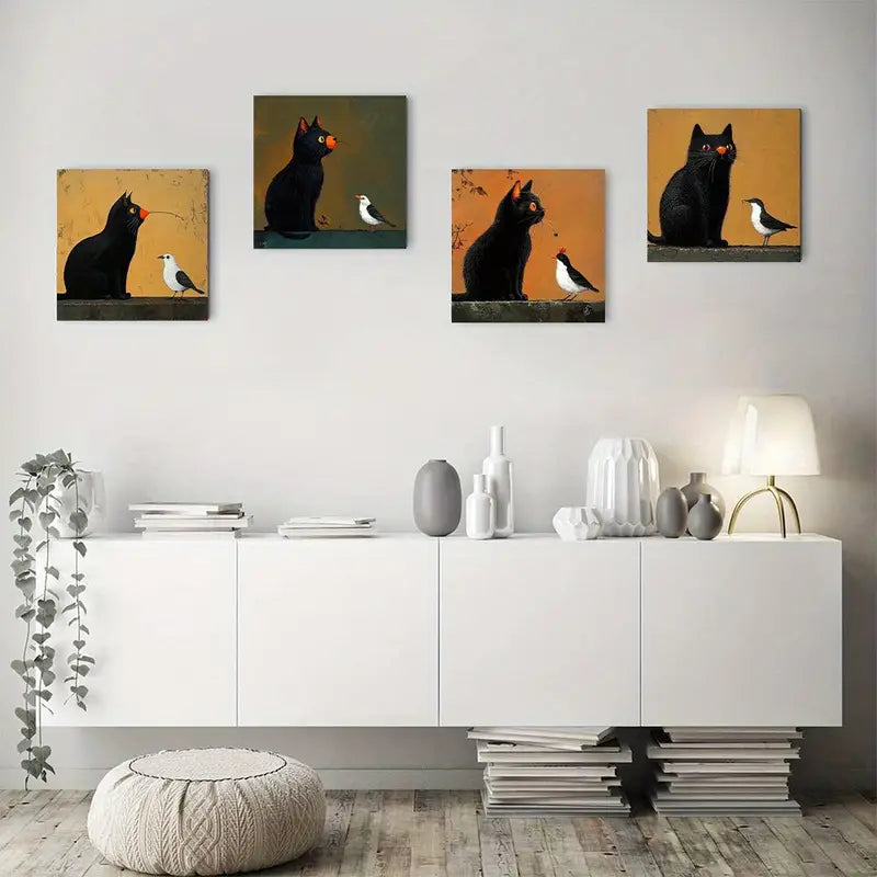 4pcs Vintage Red Bird & Cat Retro  Wall Art Canvas Framed