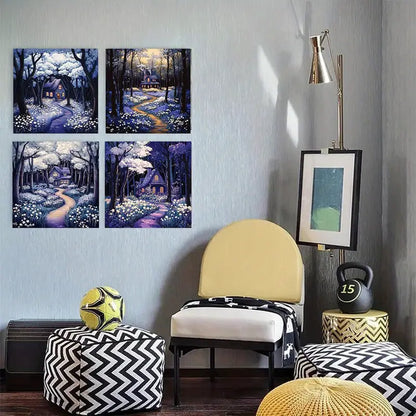 4pcs  Night Forest Floral Cottage Picture   CP    Wall Art Canvas Framed