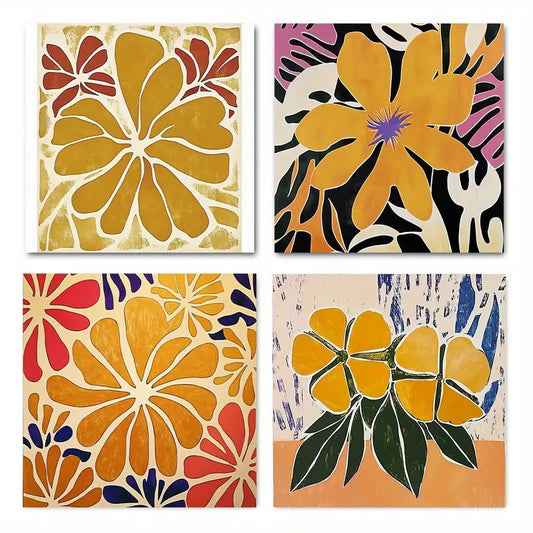 4pcs Vintage Abstract Floral Wall Art Canvas Framed