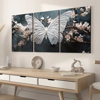 3pcs Modern Wind White Butterfly Flower Animal Wall Art Set Canvas Unframed - High Quality Print 100% Australian Made Wall Canvas