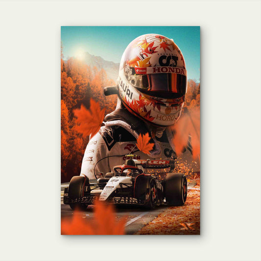 Autumn Foliage Motorsport Racing Car 60x90cm Metal Print Ready to Hang