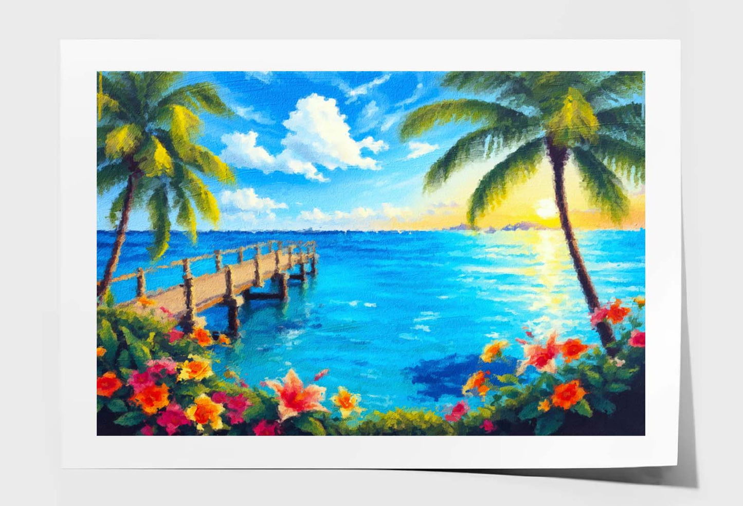 Bridge to Pier. Color Fusion of Ocean Palm Trees Flowers and Sky Wall Art Limited Edition High Quality Print