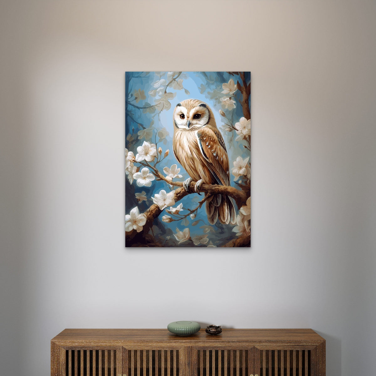 Brown Owl Spring Blossom Branch 40x60cm Metal Print Ready to Hang