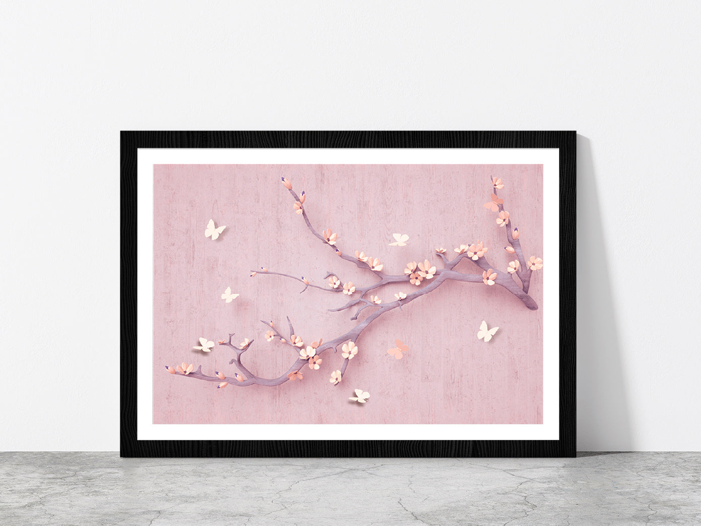 Flowers & Butterfly In Branch Glass Framed Wall Art, Ready to Hang Quality Print With White Border Black