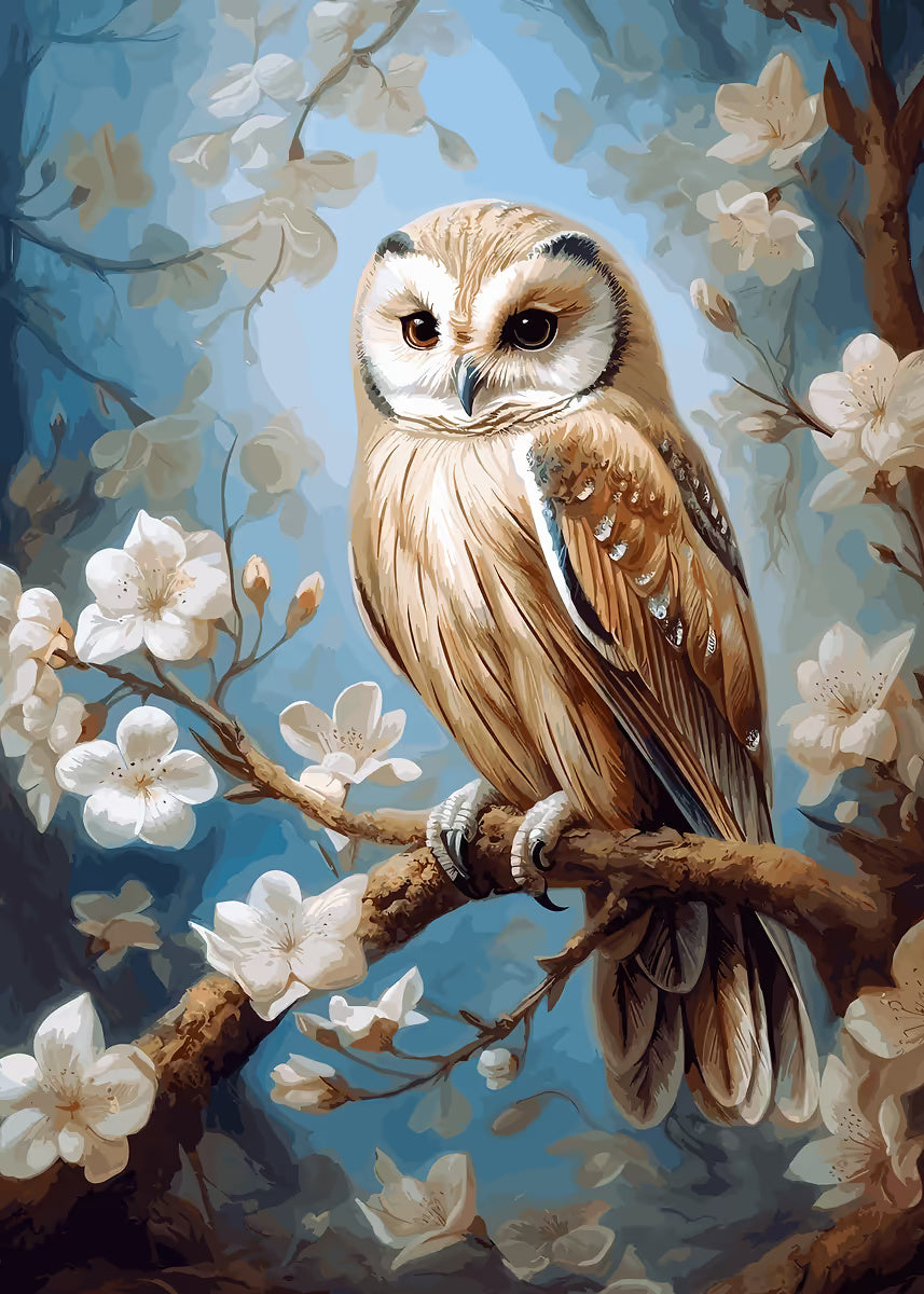 Brown Owl Spring Blossom Branch 60x90cm Metal Print Ready to Hang