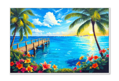 Bridge to Pier. Color Fusion of Ocean Palm Trees Flowers and Sky Wall Art Limited Edition High Quality Print