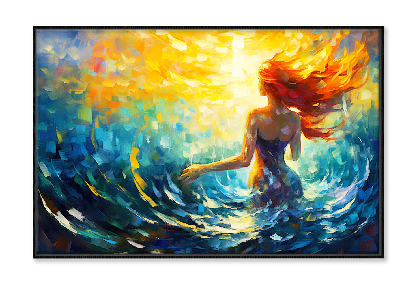 Fantasy Woman Mermaid Watercolor Painting Wall Art Limited Edition High Quality Print Canvas Box Framed Black