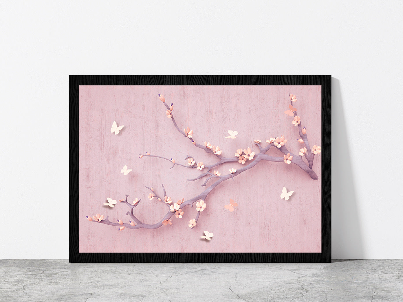 Flowers & Butterfly In Branch Glass Framed Wall Art, Ready to Hang Quality Print Without White Border Black