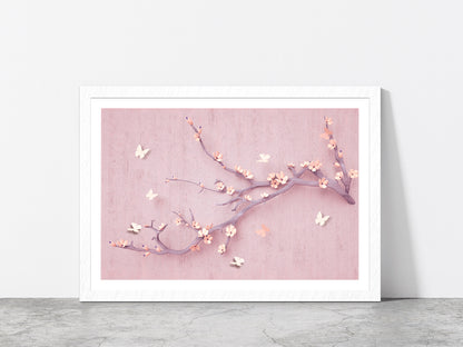 Flowers & Butterfly In Branch Glass Framed Wall Art, Ready to Hang Quality Print With White Border White