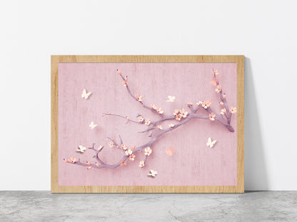 Flowers & Butterfly In Branch Glass Framed Wall Art, Ready to Hang Quality Print Without White Border Oak