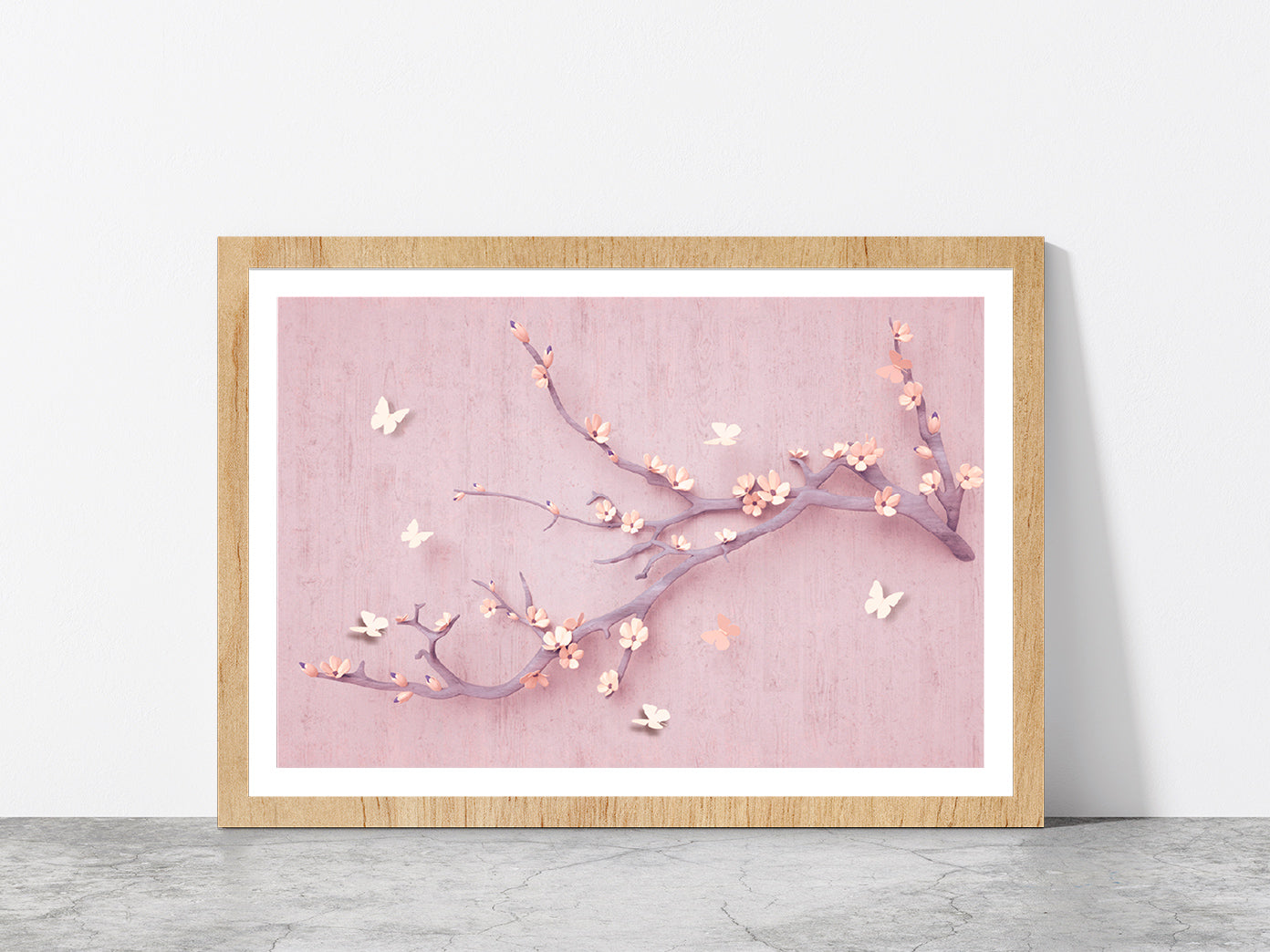 Flowers & Butterfly In Branch Glass Framed Wall Art, Ready to Hang Quality Print With White Border Oak