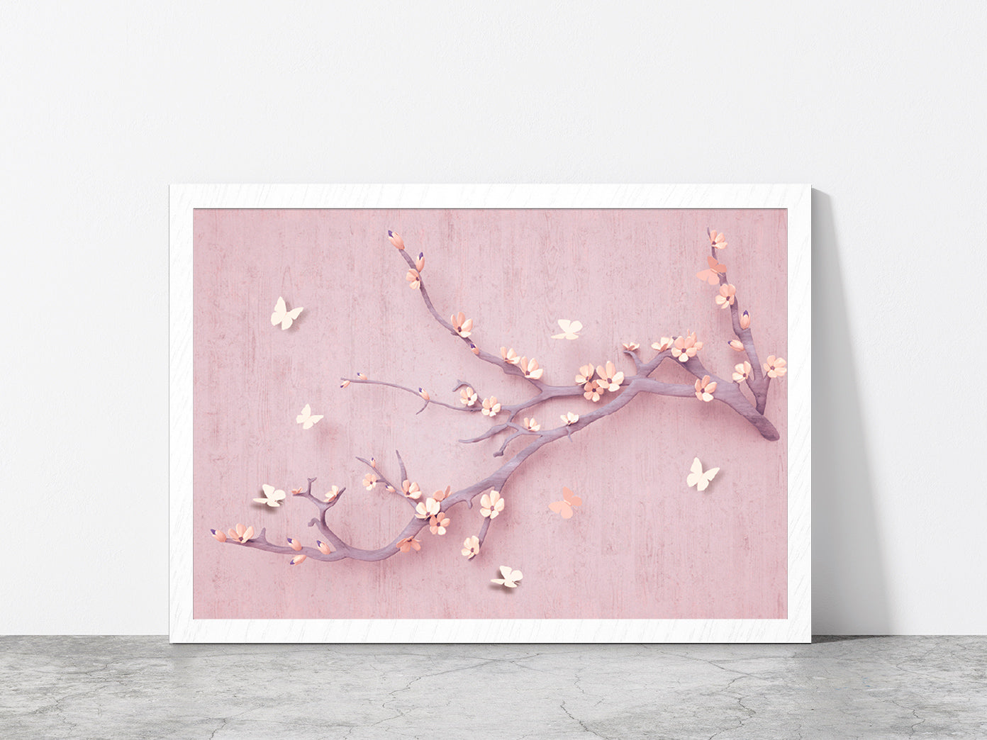 Flowers & Butterfly In Branch Glass Framed Wall Art, Ready to Hang Quality Print Without White Border White