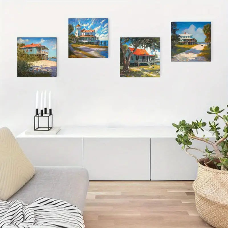 4pcs  Waterfront Sea Beach Hut Coconut Tree Wall Art Canvas Framed