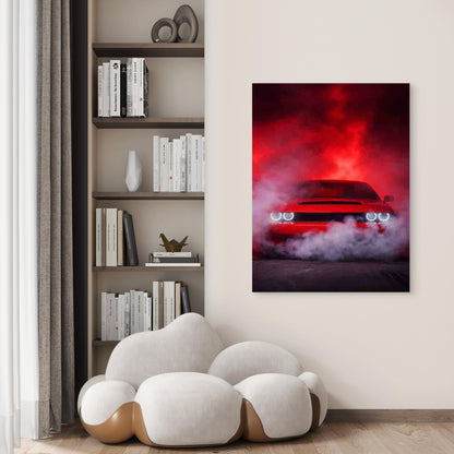 Featuring a Red Car with Smoke 60x90cm Metal Print Ready to Hang