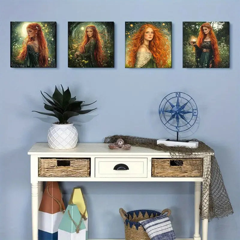 4pcs  Enchanting Red-Haired Goddess  Wall Art Canvas Framed