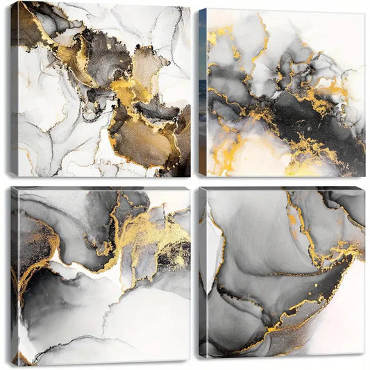 4pcs Abstract Black And Gold Fluid Lines Marble Wall Art Canvas Framed