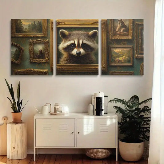 3pcs Adorable Raccoon Golden Accents Classic Design Metal Print Ready to Hang Art