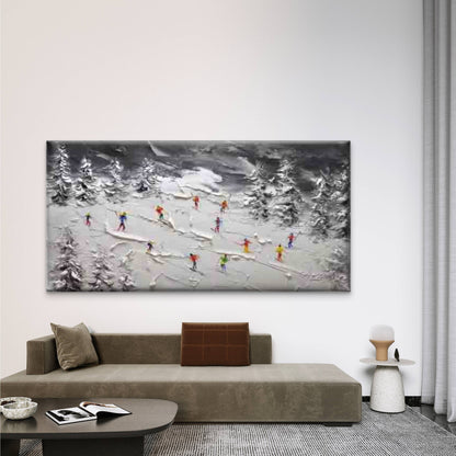 Skiers in Snowy Mountain Forest Wall Art Canvas Office Home Room Framed 120x60cm