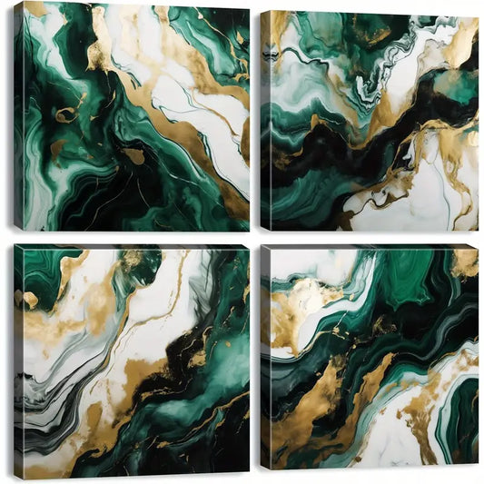 4pcs Green And Golden Marble Texture Wall Art Canvas Framed