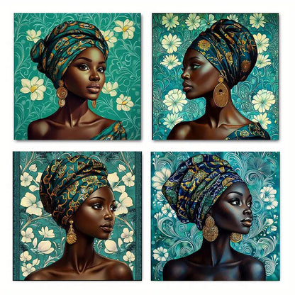 4pcs  Woman In Vibrant Headwrap & Earrings  Wall Art Canvas Framed