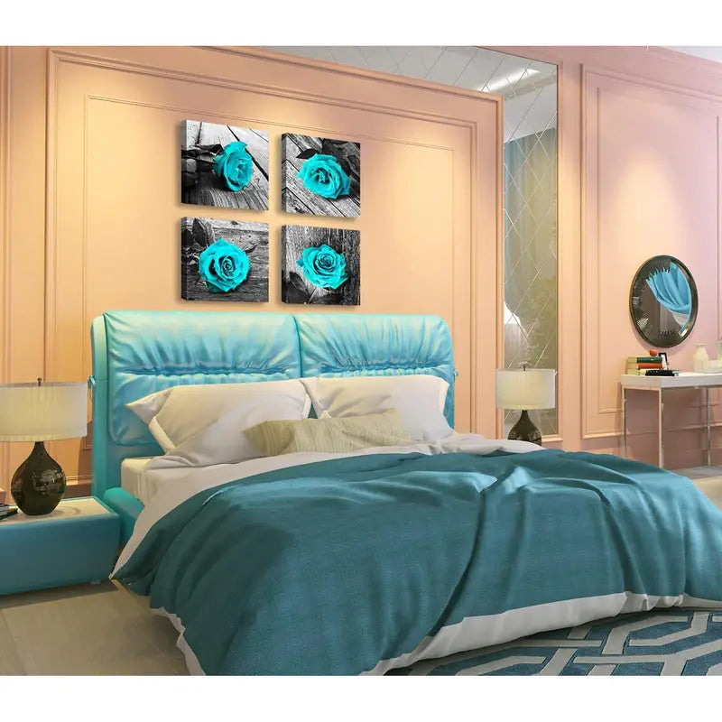 4pcs Blue  Decor Rose Flower Black and White  Wall Art Canvas Framed