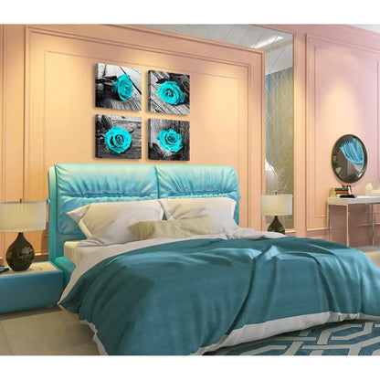 4pcs Blue  Decor Rose Flower Black and White  Wall Art Canvas Framed