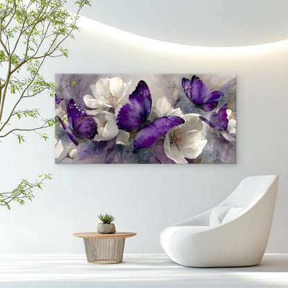 Purple Butterflies & Floral Wall Art Canvas Office Home Room Framed 120x60cm