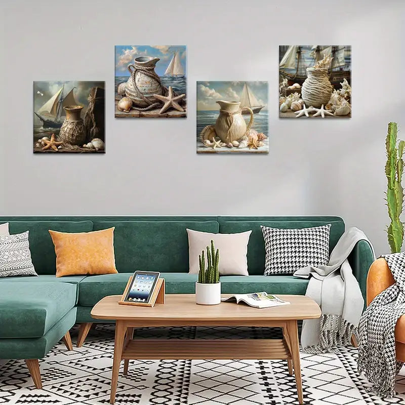 4pcs Starfish Art Prints, Seashell Canvas Print, Pottery Jar Wall Art Canvas Framed