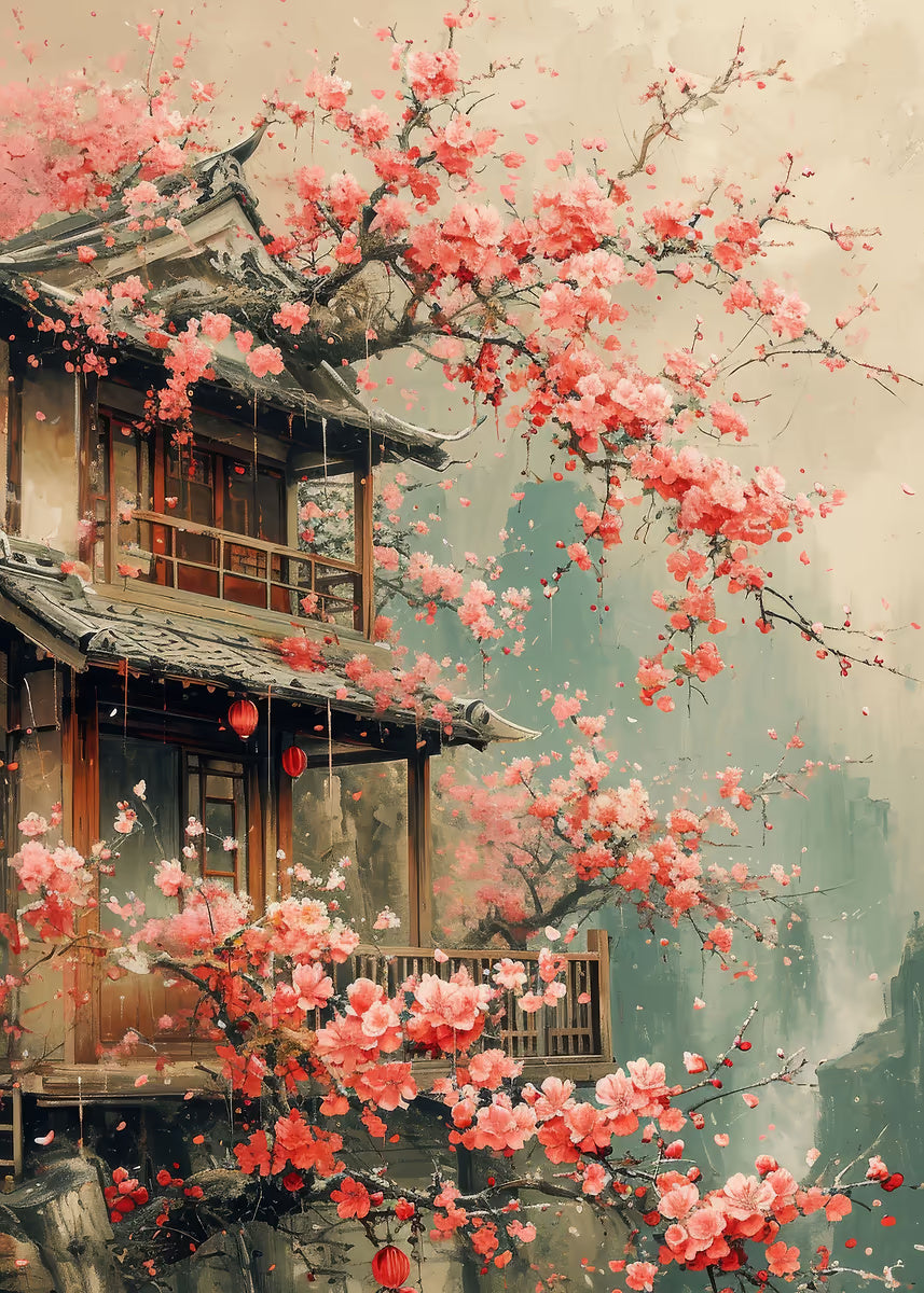 Zen Pagoda Pink Sakura Garden 60x90cm Metal Print Ready to Hang