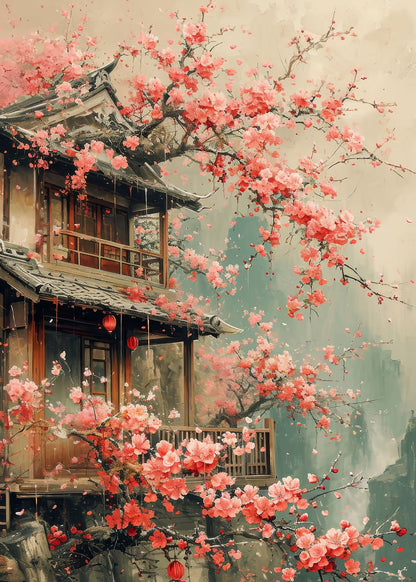 Zen Pagoda Pink Sakura Garden 60x90cm Metal Print Ready to Hang