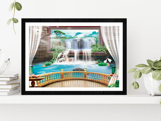 Waterfall Theme For Photomural Glass Framed Wall Art, Ready to Hang Quality Print With White Border Black