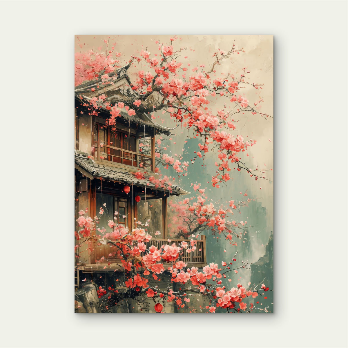 Zen Pagoda Pink Sakura Garden 60x90cm Metal Print Ready to Hang
