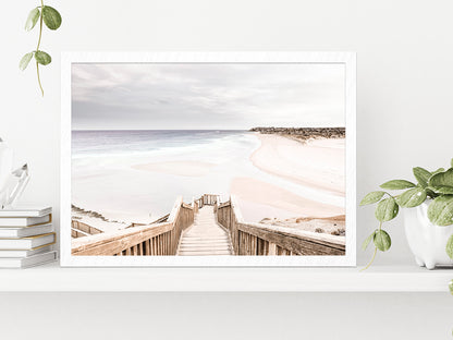 Wooden Staircase to Sand Beach Photograph Glass Framed Wall Art, Ready to Hang Quality Print Without White Border White