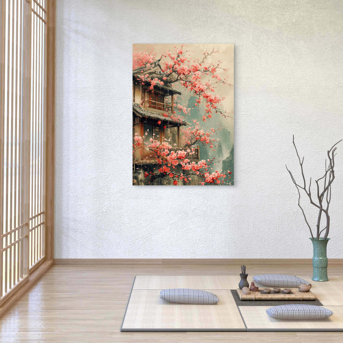 Zen Pagoda Pink Sakura Garden 60x90cm Metal Print Ready to Hang