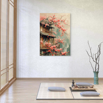 Zen Pagoda Pink Sakura Garden 60x90cm Metal Print Ready to Hang