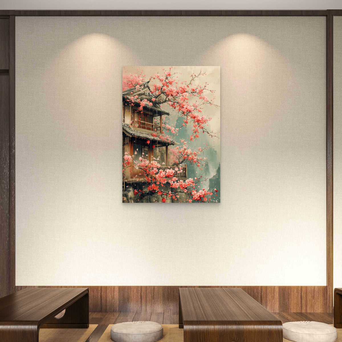 Zen Pagoda Pink Sakura Garden 60x90cm Metal Print Ready to Hang