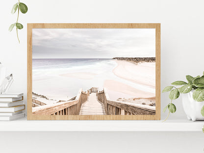 Wooden Staircase to Sand Beach Photograph Glass Framed Wall Art, Ready to Hang Quality Print Without White Border Oak