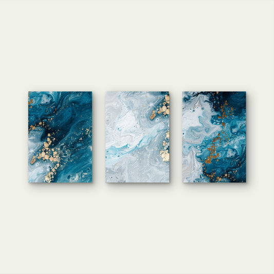 3pcs Blue Ocean Fluid Marble Abstract Wall Art Set Canvas Framed 50x70cm - High Quality Print 100% Australian Made Wall Canvas Ready to Hang