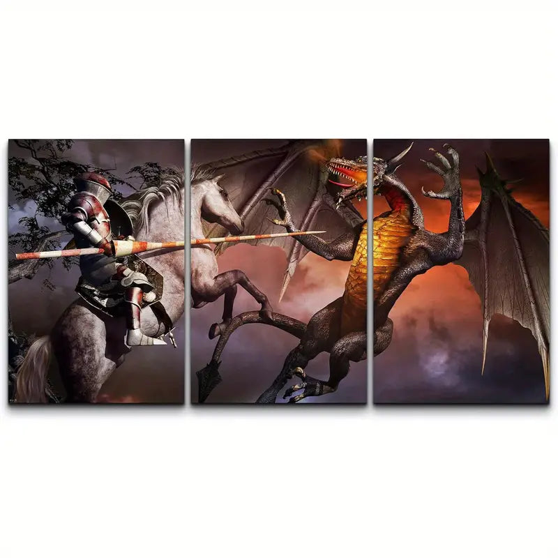 3pcs Armored Knight Jousting Magic Dragon Fantasy Metal Print Ready to Hang Art