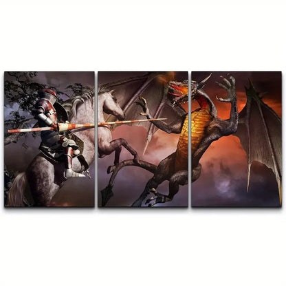 3pcs Armored Knight Jousting Magic Dragon Fantasy Metal Print Ready to Hang Art