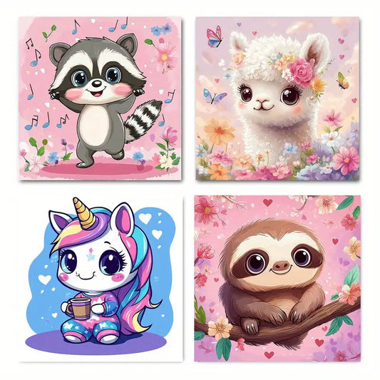 4pcs Cute Raccoon, Alpaca, Unicorn, Sloth Wall Art Canvas Framed