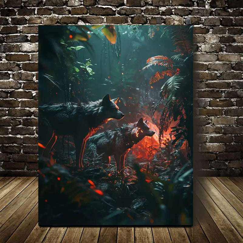 Cyberpunk Wolf Pack in Jungle Painting 40x60cm Metal Print Ready to Hang