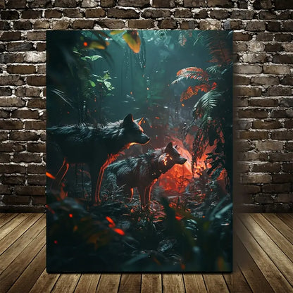Cyberpunk Wolf Pack in Jungle Painting 40x60cm Metal Print Ready to Hang
