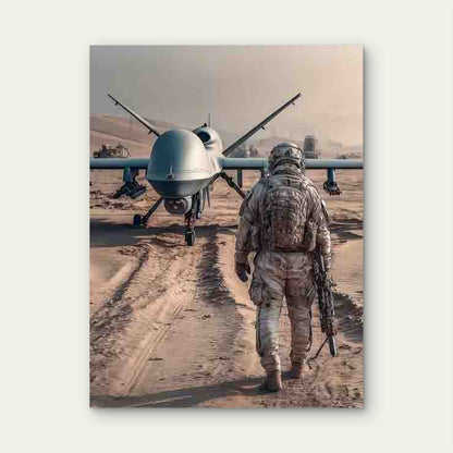Detailed Drone & Soldier Scene 60x90cm Metal Print Ready to Hang